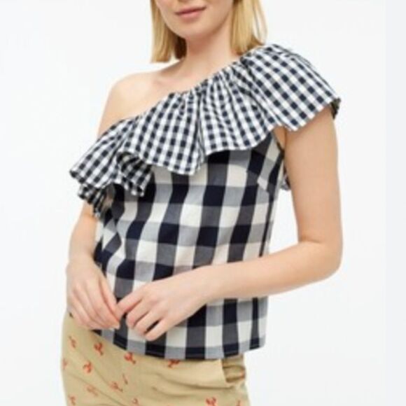 J. Crew Tops - J Crew One-Shoulder Gingham Top in Cotton Poplin Navy & White Ruffle Sz 0